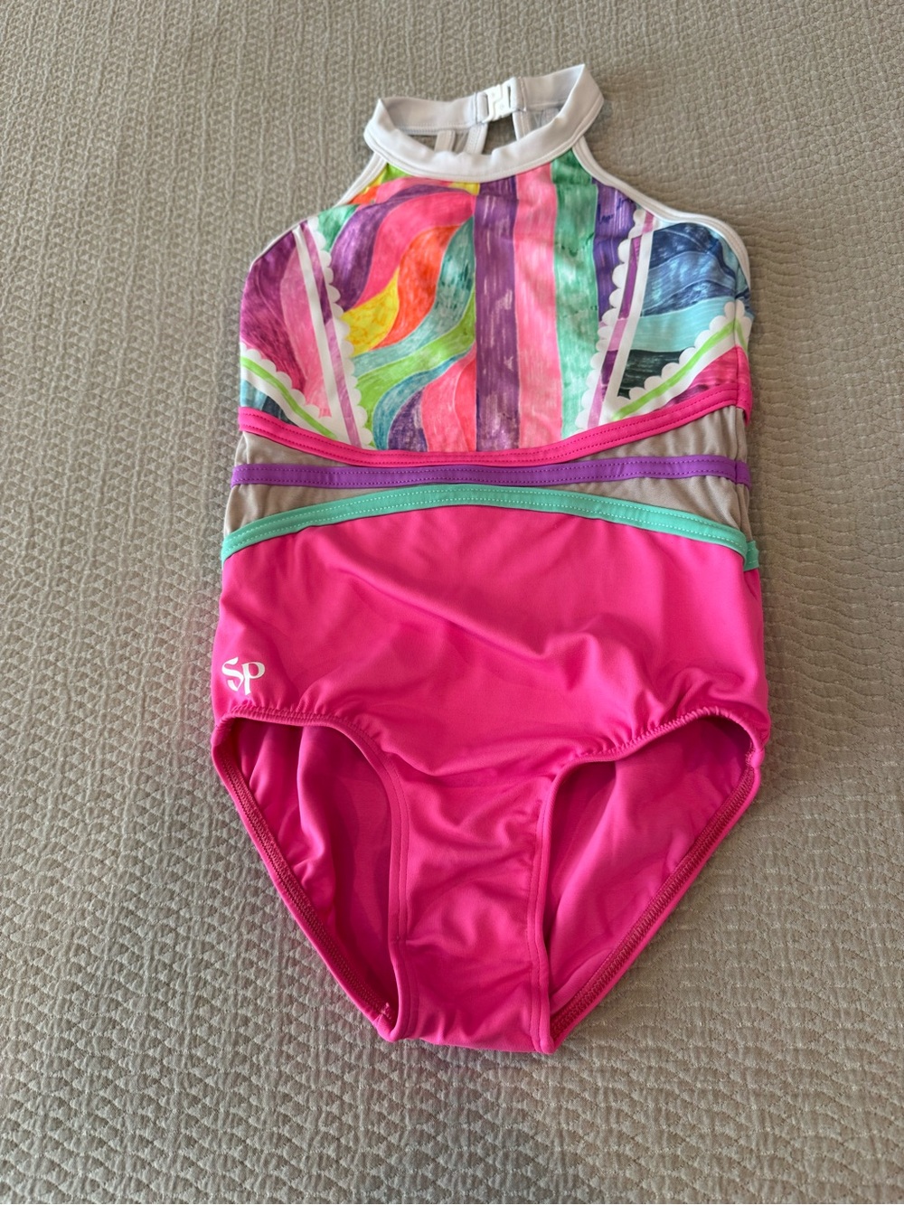 Girls' Pink High-Neck leotard with Multicolor Print
